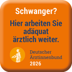 Oranger Button mit der Aufschrift: "Schwanger? Hier arbeiten Sie adäquat ärztlich weiter"