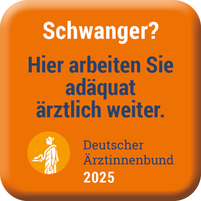 Oranger Button mit der Aufschrift: "Schwanger? Hier arbeiten Sie adäquat ärztlich weiter"